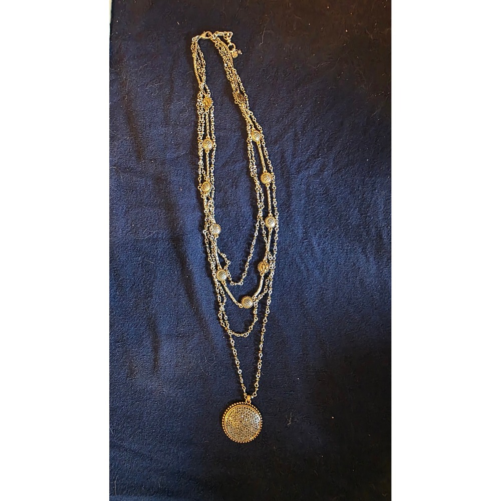 Lucky Brand Multi Strand Layered Pave Disc Pendant Necklace Silver Gold Tone